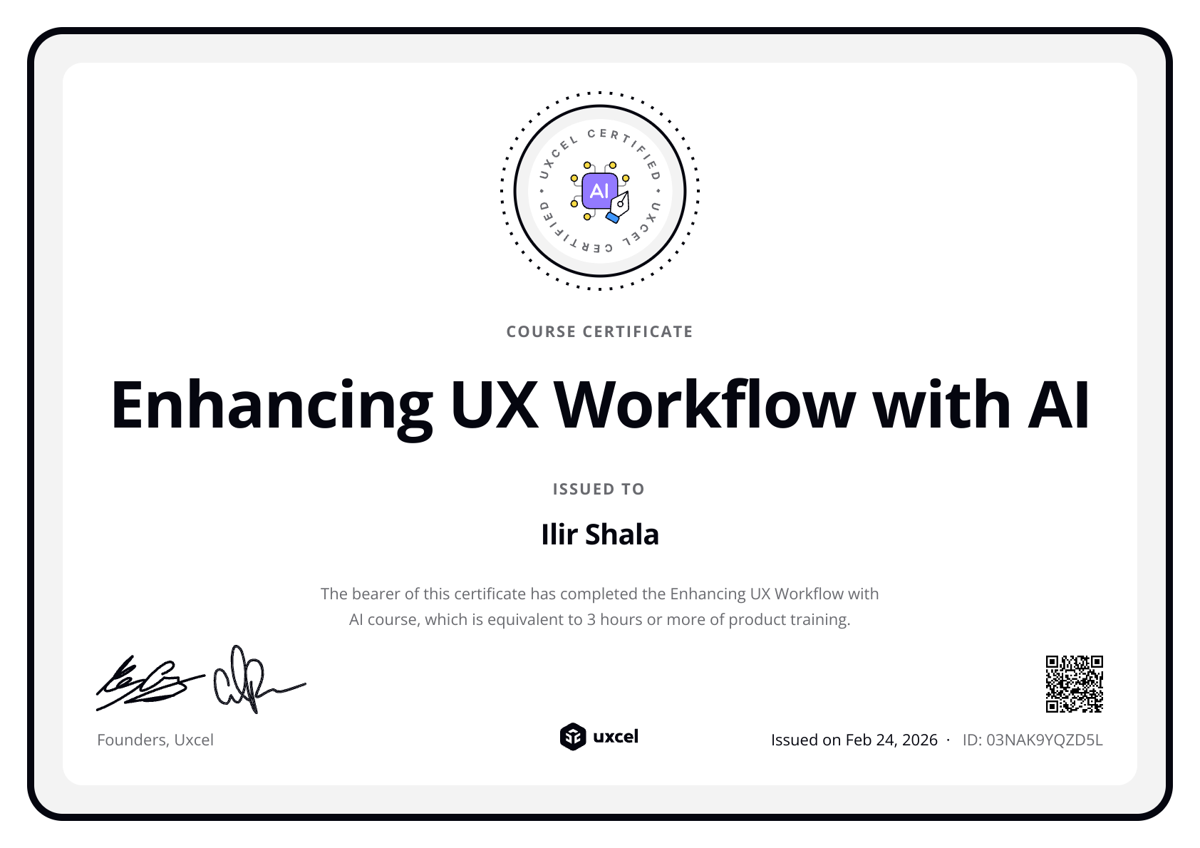 Ilir Shala's certificate